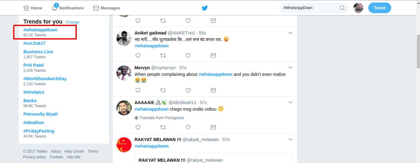 snapshot of Twitter trending keyword during whatsapp downtime.