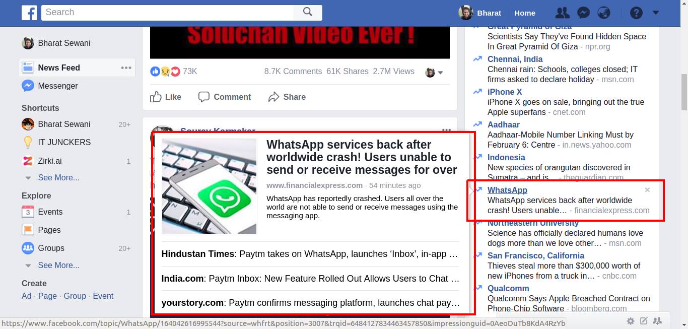 snapshot of Facebook news section during whatsapp downtime.